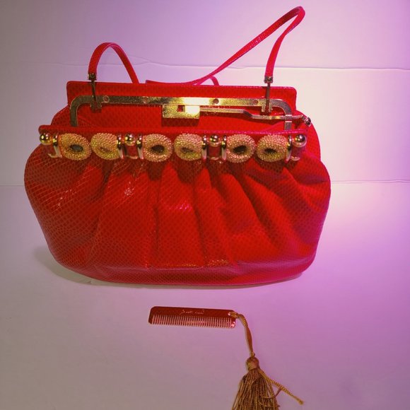 Vintage Judith Leiber Red Snakeskin Clutch with Strap and Gemstones w/ gold comb - Picture 1 of 9